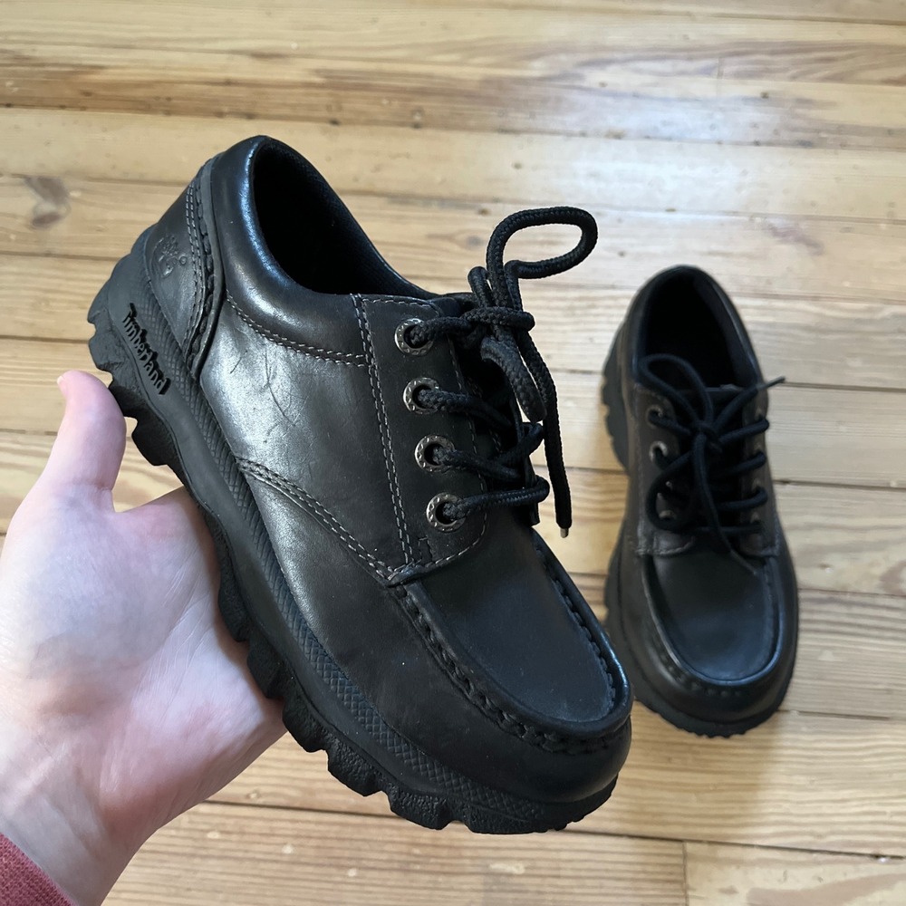 Timberland Lug Sole Moc Toe Oxford Shoes Youth 2M Black Leather Lace Up 47780